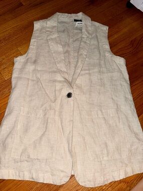 Tahari 100% Linen Vest Longline Single Button Beige Size Large Sleeveless